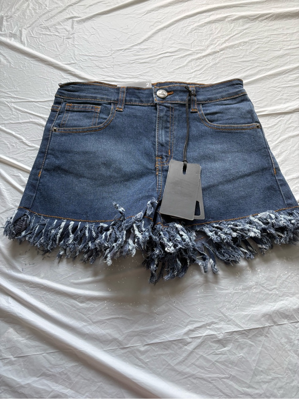 Lucky & Blessed Frayed Hem Dark Blue Denim Shorts